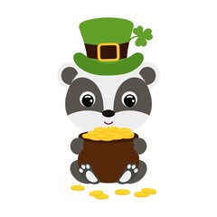 Cute badger in green leprechaun hat with clover holds bowler with gold coins. Cartoon sweet animal. Vector St. Patrick's Day illustration on white background. Irish holiday folklore theme.