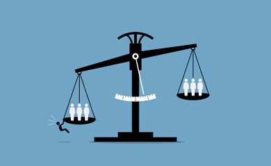Scale of justice with a person trying to influence the result. Vector illustration concept of unfair advantage, cheating, deception, justice corruption, conspire, and law manipulation. - obrazy, fototapety, plakaty