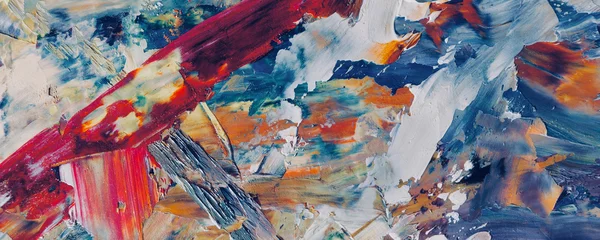 Bunter abstrakter Malereihintergrund. Moderne Motive bildende Kunst. Intensive mehrfarbige Mischung aus lebendigen Ölfarben. Trendige handbemalte Leinwand. Malen Sie Pinselstriche auf Leinwand für trendige Postertapeten. © Valeriy