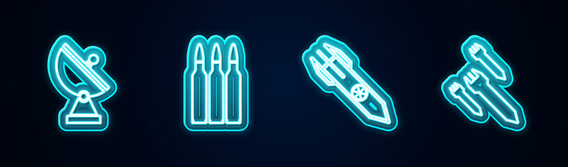 Set line Radar, Bullet, Nuclear rocket and Rocket. Glowing neon icon. Vector.