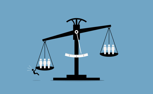 Scale of justice with a person trying to influence the result. Vector illustration concept of unfair advantage, cheating, deception, justice corruption, conspire, and law manipulation.
