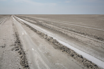 Landscape with primitive track on the desolate Makgadikgadi salt pan in Botswana