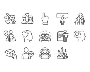 People icons set. Included icon as Friend, Hold box, Job interview signs. Buyer insurance, Romantic talk, Employee result symbols. Salary employees, Couple love, Identity confirmed. Gift. Vector