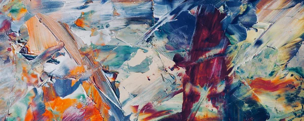 Bunter abstrakter Malereihintergrund. Moderne Motive bildende Kunst. Intensive mehrfarbige Mischung aus lebendigen Ölfarben. Trendige handbemalte Leinwand. Malen Sie Pinselstriche auf Leinwand für trendige Postertapeten. © Valeriy