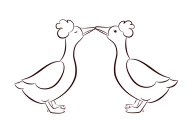 Crested ducks in outline style, vector illustration of two kissing birds, coloring page for children