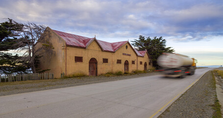 Building of the abandoned sheep farm Estancia San Gregorio in Patagonia from the end of the 19th century