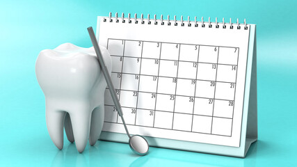 Reminder calendar for visiting the dentist. Dental appointment, check. Calendar with a tooth and a dental mirror on a green background. 3d render