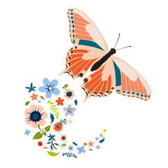 Spring and summer flowers falling from a flying butterfly. Colorful silhouettes on white background for wedding invitation, kids or Valentines greeting cards, Women's day banner. Vector illustration.