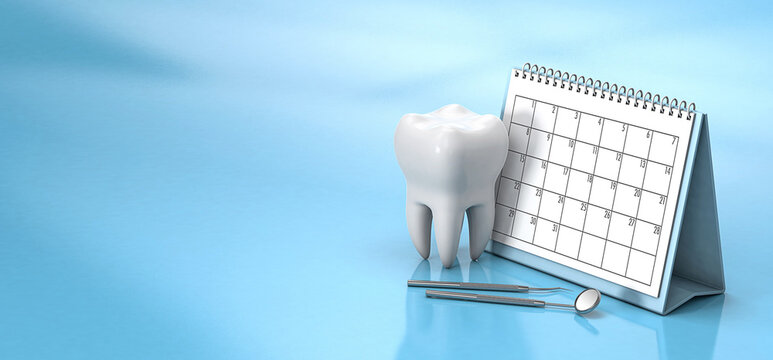 Reminder calendar for visiting the dentist. Dental appointment, check. Calendar with a tooth and a dental mirror on a blue background. Copy space for text. 3d render - Powered by Adobe