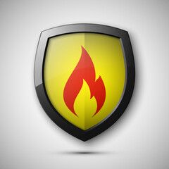 Protected guard flame shield concept. Safety badge smoke fire icon. Privacy flame banner shield. Security label Defense fire tag. Presentation sticker flame icon. defense safeguard shield smoke
