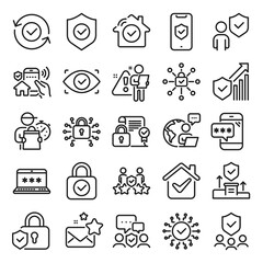 Security line icons. Cyber lock, password, unlock. Guard, shield, home security system icons. Eye access, electronic check, firewall. Internet protection, laptop password. Line icon set. Vector