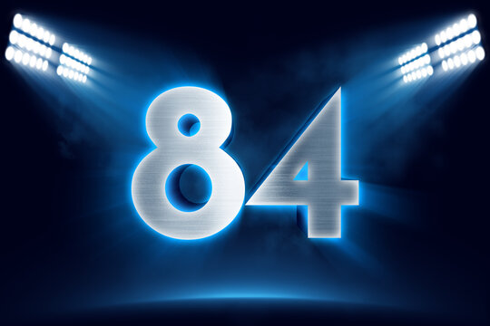 Number 84 background, 3D 84 object made of metal, illuminated with floodlights