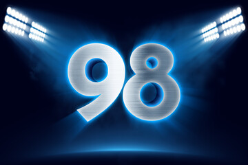 Number 98 background, 3D 98 object made of metal, illuminated with floodlights - obrazy, fototapety, plakaty