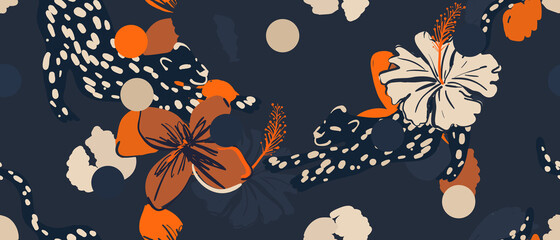 Materiał do szycia Hand drawn abstract jungle pattern with leopards. Creative collage contemporary seamless pattern. Fashionable template for design.