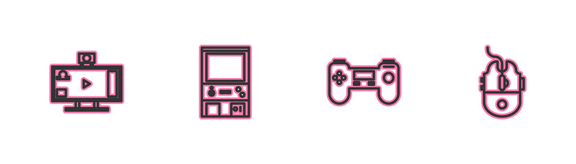 Set line Live streaming online, Gamepad, Retro arcade game machine and Computer mouse gaming icon. Vector. © vector_v