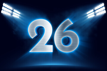 Number 26 background, 3D 26 object made of metal, illuminated with floodlights - obrazy, fototapety, plakaty
