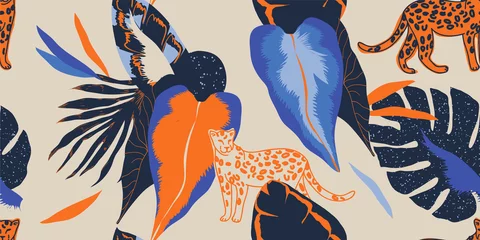Tapeten Beige Handgezeichnetes abstraktes Dschungelmuster mit Leoparden. Zeitgenössisches nahtloses Muster der kreativen Collage. Natürliche Farben. Modische Vorlage für Design.