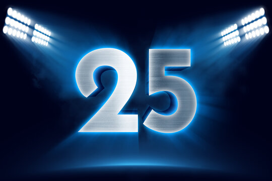 Number 25 background, 3D 25 object made of metal, illuminated with floodlights