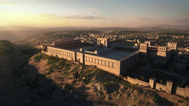 A panoramic view of the restored model of the Second Temple at dusk, which stood on the Temple Mount in Jerusalem, between 516 BCE and 70 CE. Some elements are from OpenStreetMap.