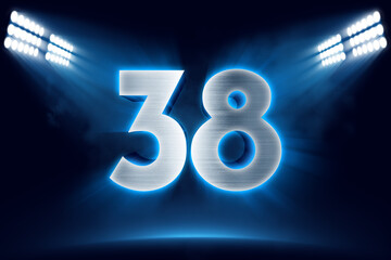 Number 38 background, 3D 38 object made of metal, illuminated with floodlights