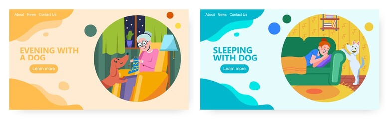 Retiree lifestyle landing page design, website banner vector template set. Pet love and companionship.