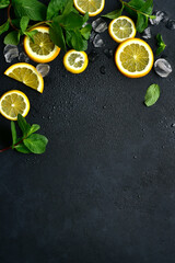 Fresh ingredients for making citrus lemonade or cocktail. Top view with copy space.