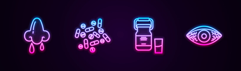 Set line Runny nose, Medicine pill or tablet, Can container for milk and Reddish eye allergic conjunctivitis. Glowing neon icon. Vector.