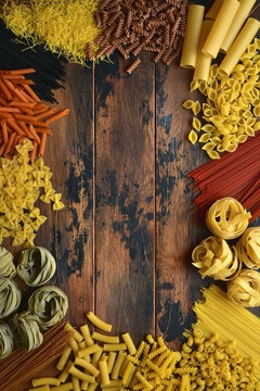 Assortment of natural organic pasta. Top view with copy space.