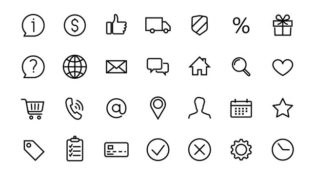 Home, location, globe, user, chat, email, phone, Info, mobile. Buttons E-commerce black isolated vector line icon set. Online shop, website, fulfilment service. Delivery and shipping symbols.