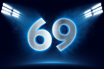 Number 69 background, 3D 69 object made of metal, illuminated with floodlights