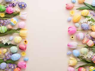 Fototapeta na wymiar Happy Easter day colorful eggs and flower decoration on paper background with copy space