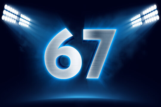 Number 67 background, 3D 67 object made of metal, illuminated with floodlights