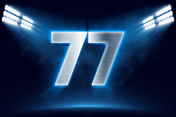 Number 77 background, 3D 77 object made of metal, illuminated with floodlights