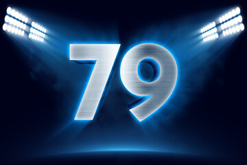 Number 79 background, 3D 79 object made of metal, illuminated with floodlights - obrazy, fototapety, plakaty