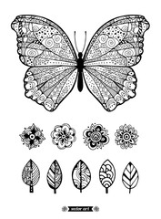 Butterfly and flowers. Mandala. Fashion set collection. Vector artwork. Black and white, monochrome. Coloring book page for adults and kids. Zentangle Illustration. Boho, bohemian. Spring, summer