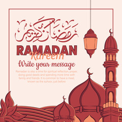 Hand drawn illustration of ramadan kareem or eid mubarak greeting concept in white background.