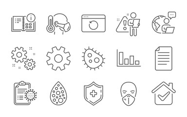 Work, Artificial colors and Medical shield line icons set. Medical mask, Coronavirus report and Service signs. Bacteria, File and Recovery internet symbols. Line icons set. Vector