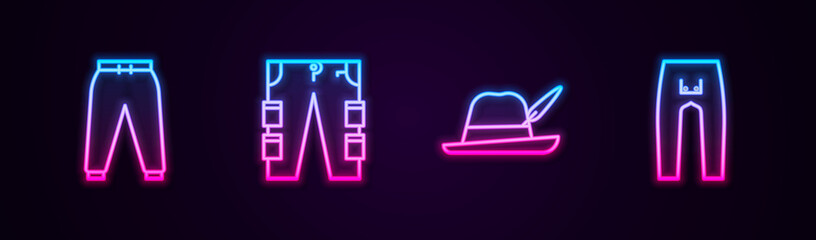 Set line Sport pants, Cargo, Oktoberfest hat and Pants. Glowing neon icon. Vector.