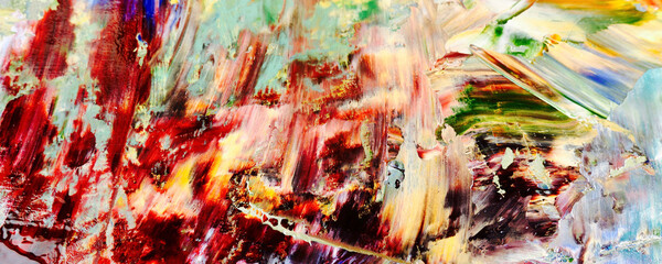 Bunter abstrakter Malereihintergrund. Moderne Motive bildende Kunst. Intensive mehrfarbige Mischung aus lebendigen Ölfarben. Trendige handbemalte Leinwand. Malen Sie Pinselstriche auf Leinwand für trendige Postertapeten. © Valeriy