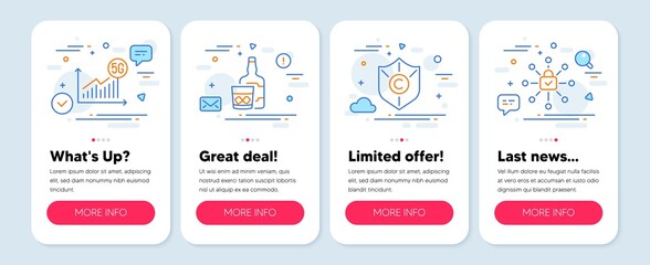 Set of Business icons, such as Copyright protection, 5g statistics, Whiskey glass symbols. Mobile screen banners. Security lock line icons. Shield, Wifi chart, Scotch drink. Cyber network. Vector