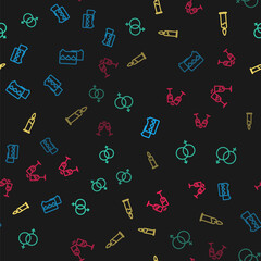 Set line Like and heart, Gender, Burning candle and Glass of champagne on seamless pattern. Vector.