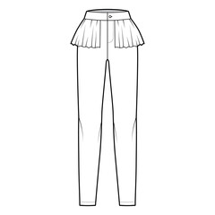 Pants peplum technical fashion illustration with extended normal waist, high rise, full length, frilled skirt. Flat bottom trousers apparel template front, white color. Women men unisex CAD mockup