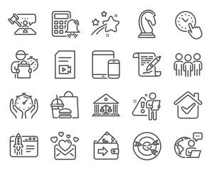 Education icons set. Included icon as Agreement document, Court building, Video file signs. Mobile devices, Marketing strategy, Start business symbols. Timer, Calculator alarm, Targeting. Vector