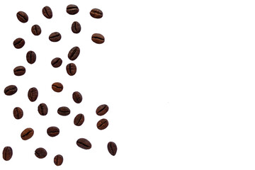 Coffee beans lying chaotically on a white background.