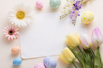 Naklejka na ściany i meble Happy Easter day colorful eggs and flower decoration on paper background with copy space