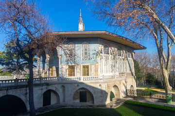 Upper marble terrace with Baghdad Kiosk, example of Turkish architecture with Persian motives in...