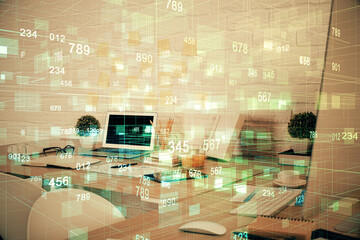 Double exposure of data theme drawing and office interior background. Concept of technology.