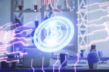 Double exposure of crypto technology theme drawing and office interior background. Concept of blockchain.