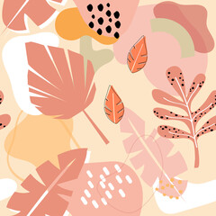 Tropical jungle leaves and various shapes seamless pattern. Abstract modern illustrations in vector. Summer time