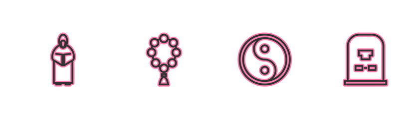 Set line Monk, Yin Yang, Rosary beads religion and Tombstone with RIP written icon. Vector.